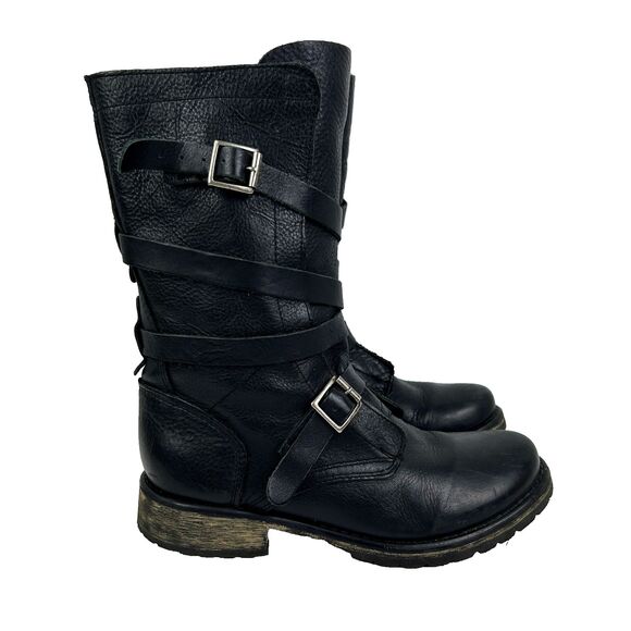 Steve Madden Banddit Moto Biker Leather Boots Black Mid Calf Buckles & Straps 7 - Picture 1 of 10
